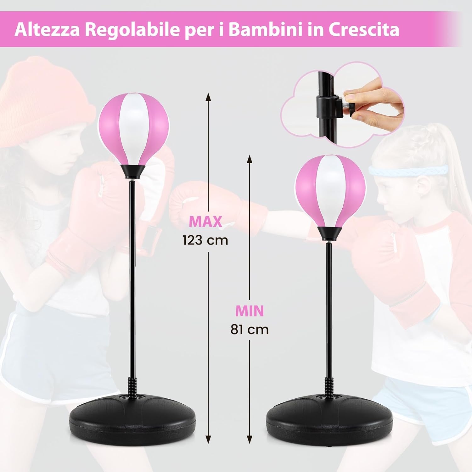 Sacco da Boxe per Bambini Altezza Regolabile, Punching Ball per Bambini con Guantoni, Palla di Pugilato da Terra con Base Stabile Riempibile con Acqua o Sabbia