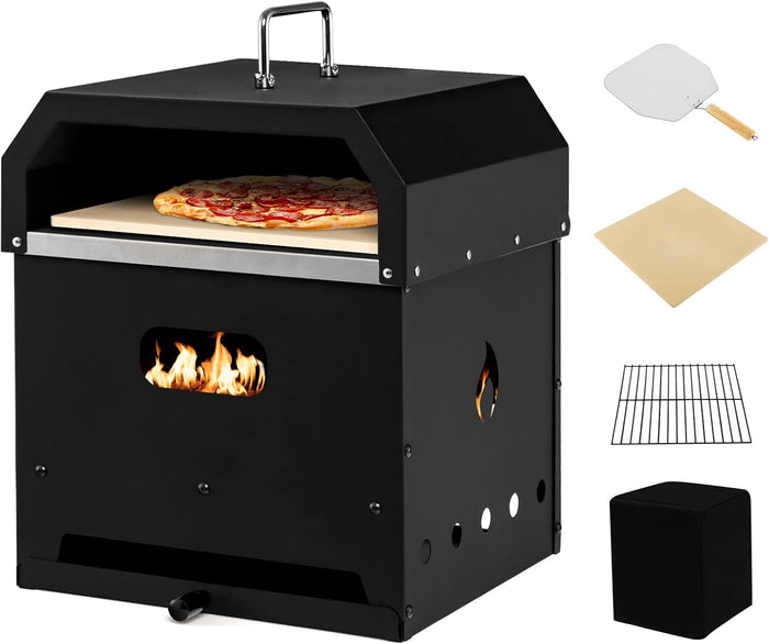 Forno per Pizza Portatile da Esterno - Forno a 2 Strati Staccabile, Pietra per Pizza, Pala per Pizza, Griglia BBQ e Copertura Impermeabile, Forno Riscaldato a Legna, Nero
