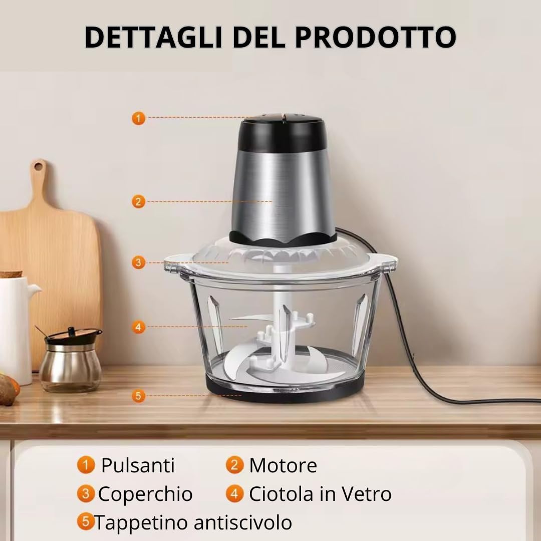 Tritatutto da Cucina Elettrico 500W – Frullatore con 4 Lame in Acciaio Inox, Robot da Cucina Multifunzione con Contenitore in Vetro 3L, Tritacarne e Verdure, Doppia Velocità