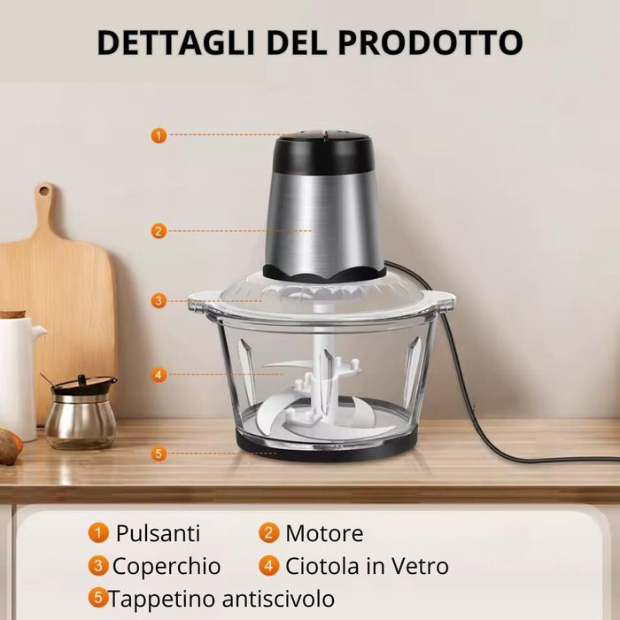 Tritatutto da Cucina Elettrico 500W – Frullatore con 4 Lame in Acciaio Inox, Robot da Cucina Multifunzione con Contenitore in Vetro 3L, Tritacarne e Verdure, Doppia Velocità
