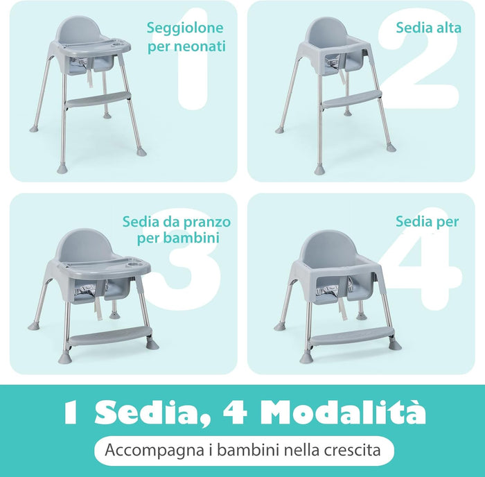 4 in 1 Seggiolone Papa per Bambini, Seggiolone per Neonati con Doppio Vassoio Rimovibile a 2 Posizioni, Cintura di Sicurezza e Poggiapiedi, per Bambini 6-36 Mesi (Grigio)