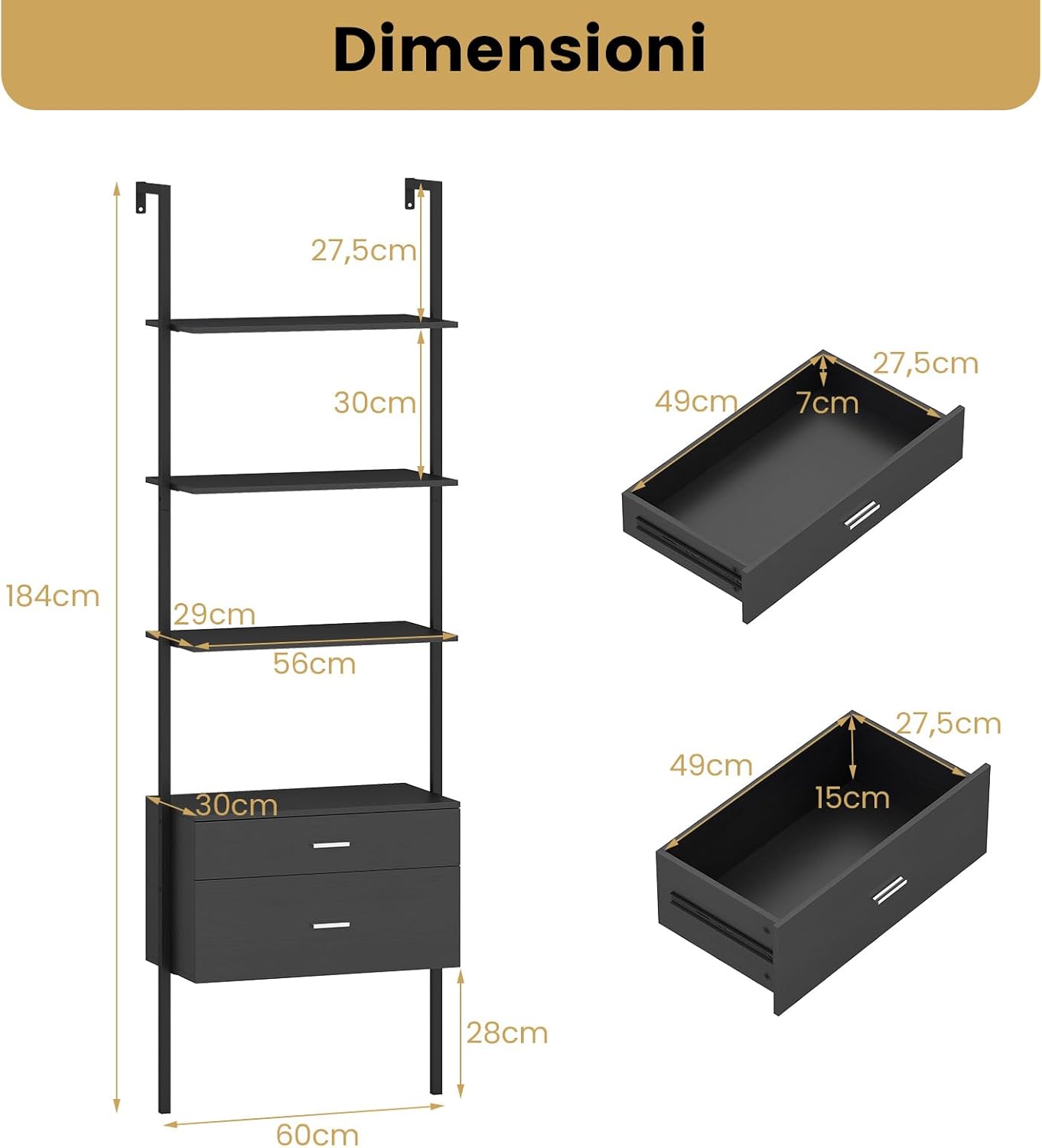 Libreria a Scala 184 cm, Scaffale da Parete a 6 Ripiani con 2 Cassetti e Struttura in Metallo, Ripiano Espositivo Aperto Moderno per Soggiorno Studio Ufficio, 60 x 30 x 184 cm (Nero)
