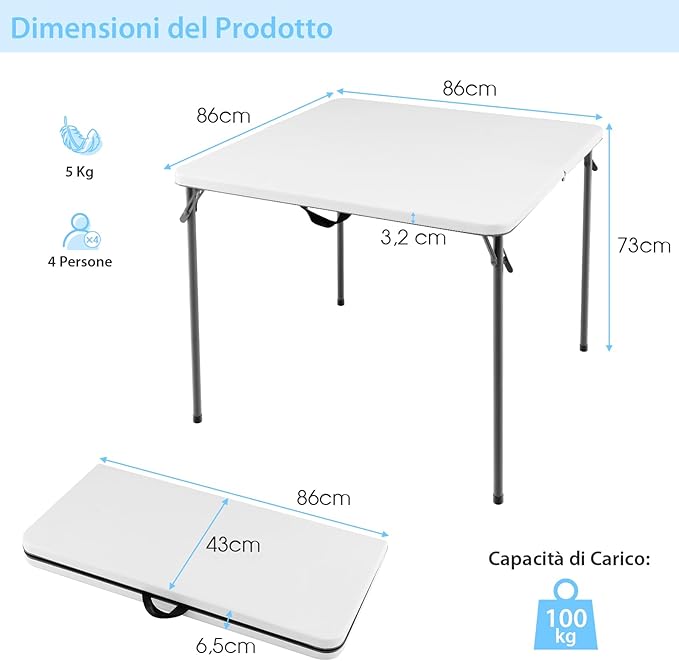 Tavolo da Campeggio Pieghevole, Tavolo da Picnic Portatile con Maniglia, Tavolino da Pranzo Leggero per Esterni con Piano in HDPE, Portata 100 kg (Bianco)