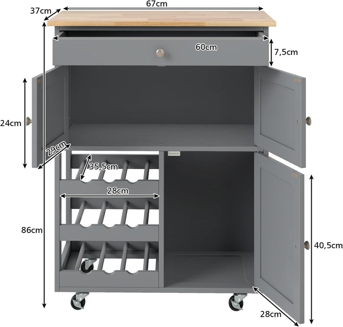 Carrello da Cucina, con Portabottiglie Tre Ante e Ruote, Credenza Cucina in Legno di Pino e MDF, Ideale per Soggiorno e Cucina, 67 x 37 x 86 cm（Grigio）