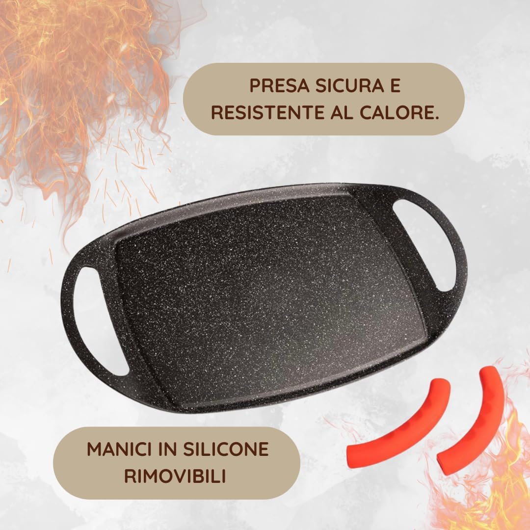 Padella Bistecchiera Antiaderente, 47cm in Alluminio Pressofuso, Rivestimento Effetto Marmo, Griglia Induzione per Carne, Pesce e Verdure.