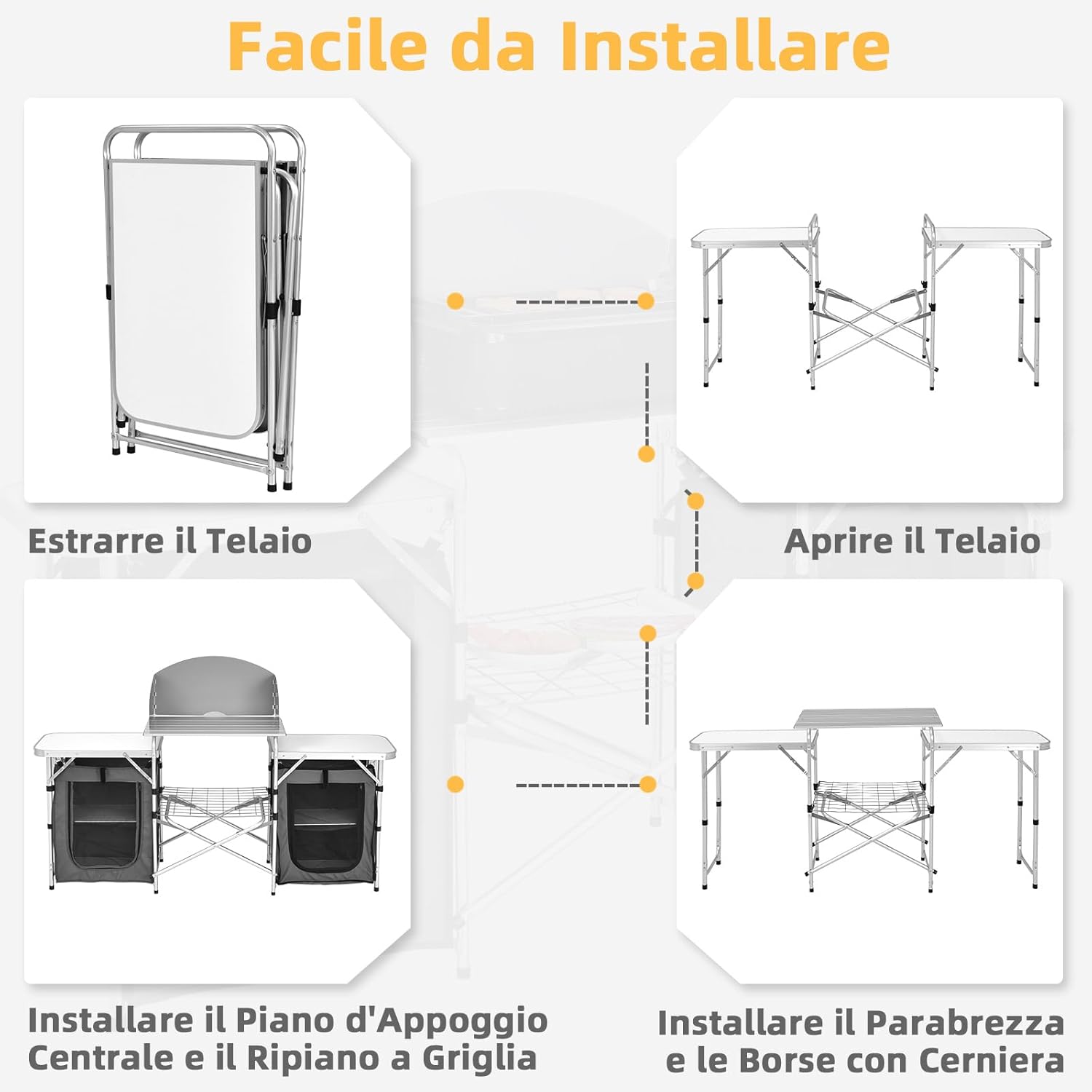 Cucina Portatile Cucina per Esterno Tavolo da Campeggio Pieghevole, Tavolo per Griglia in Alluminio, con Contenitori, per Festa Griglia e Campeggio (Grigio)