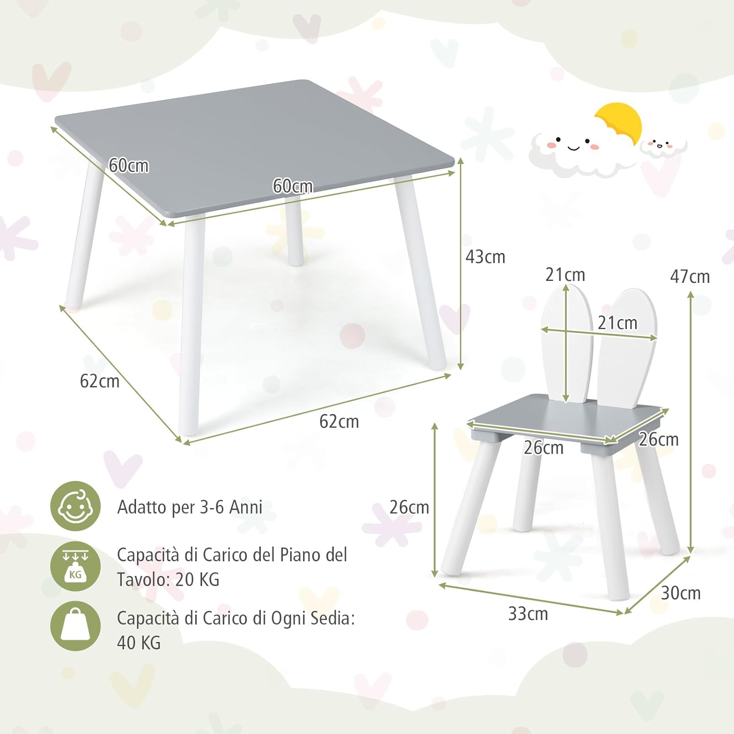 Tavolo Bambini con Sedie, Set Tavolo e Sedie in Legno per Bambini 3-6 anni con Schienale a Forma di Coniglio, Tavolino con Sedie per Giocare, Disegnare e Leggere, Capacità di 40 kg (Grigio)