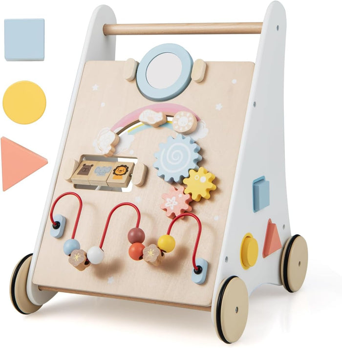 Carrello Primi Passi per Bambini 7 in 1, Girello per Bambini in Legno, con Giochi Educativi, per Bambini 1+ Anno