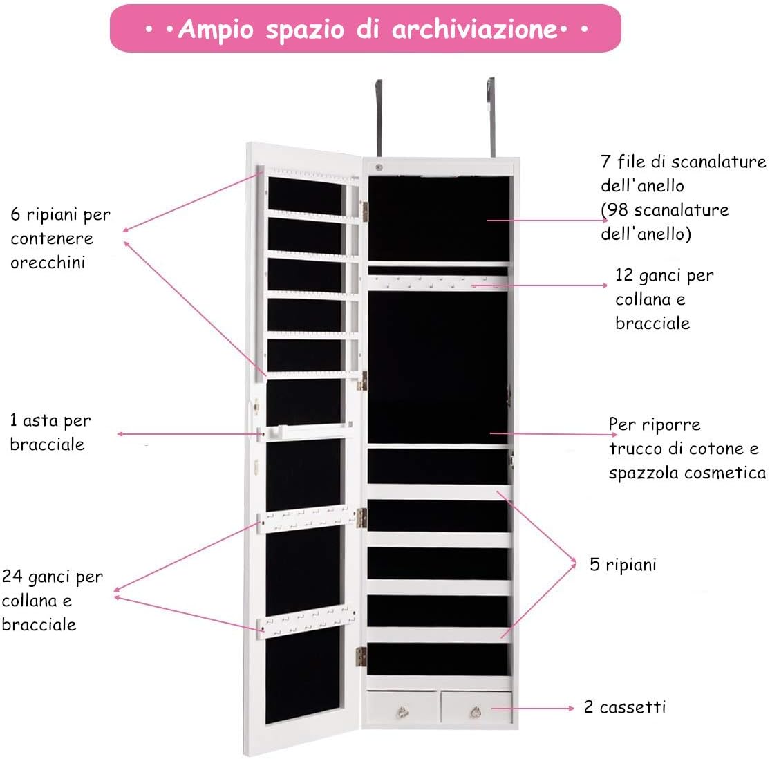 Armadietto per Gioielli con Specchio Portagioie, Specchiera da Parete con Luci LED, Bloccabile a Chiave, 33,5 x 10 x 120 cm (Bianco)