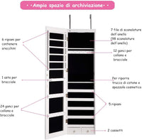 Armadietto per Gioielli con Specchio Portagioie, Specchiera da Parete con Luci LED, Bloccabile a Chiave, 33,5 x 10 x 120 cm (Bianco)