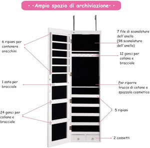 Armadietto per Gioielli con Specchio Portagioie, Specchiera da Parete con Luci LED, Bloccabile a Chiave, 33,5 x 10 x 120 cm (Bianco)