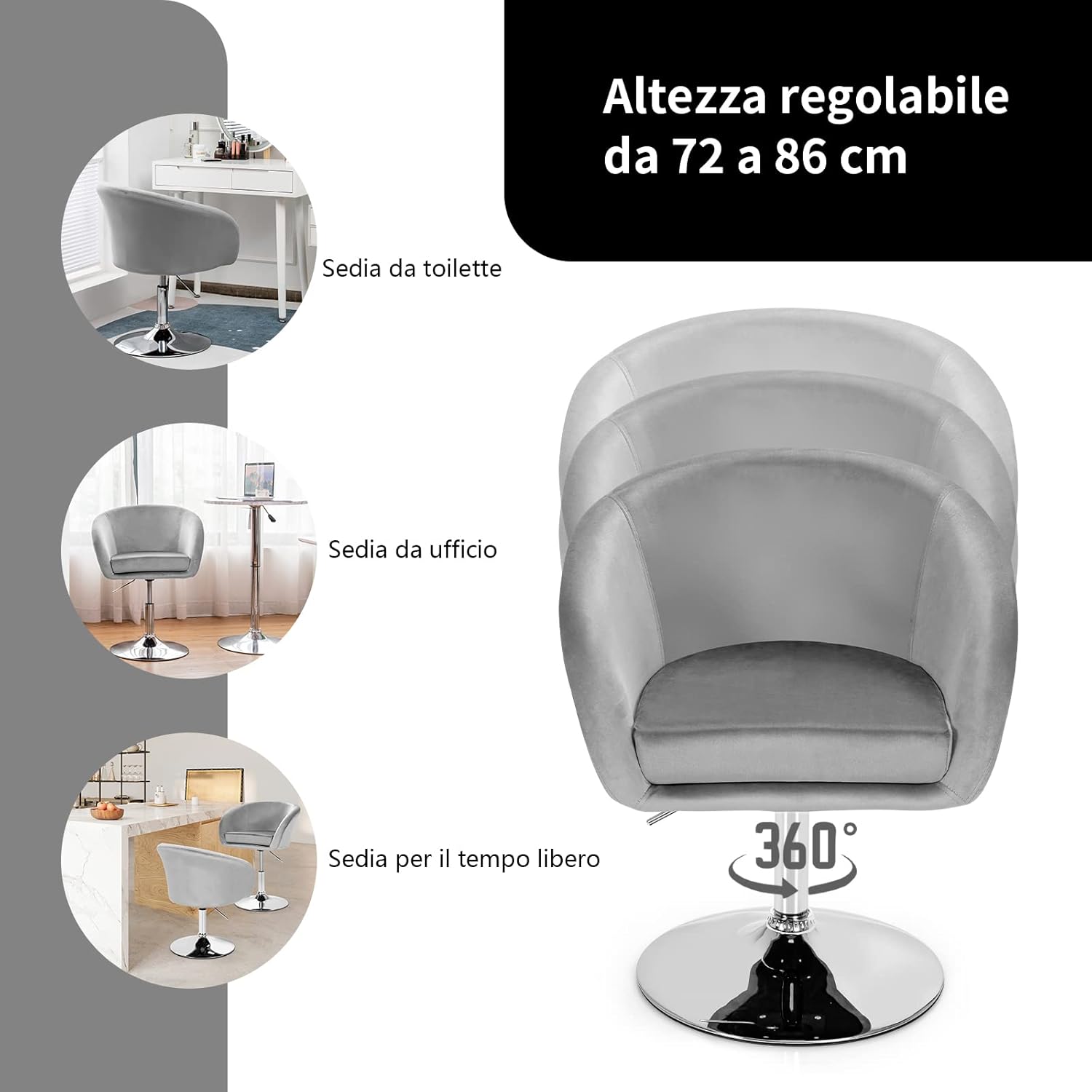 Sgabelli da Bar Girevole in Velluto, Sgabelli Cucina Moderni Design Alte con Schienale, Sedia Rotondo Regolabile in Altezza, con Braccioli, per Cucina Ufficio Bar (Grigio)