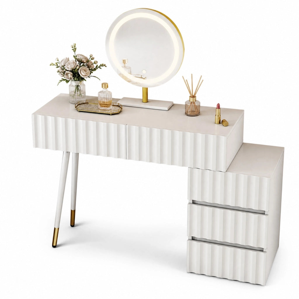 Toeletta bianca con specchio LED, 5 cassetti e modulo laterale
