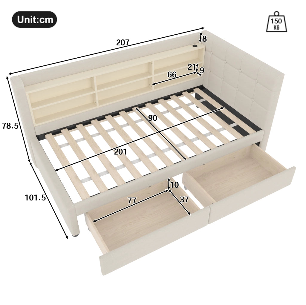 Letto singolo 90x200 cm con cassetti, USB e Type-C beige