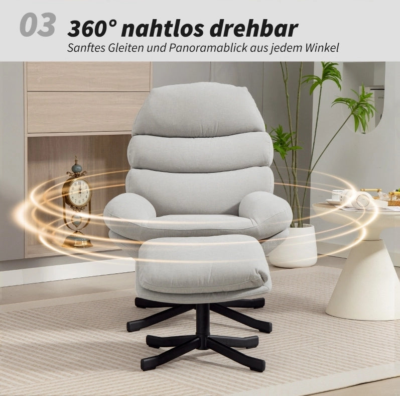 Poltrona relax girevole con pouf in ciniglia crema