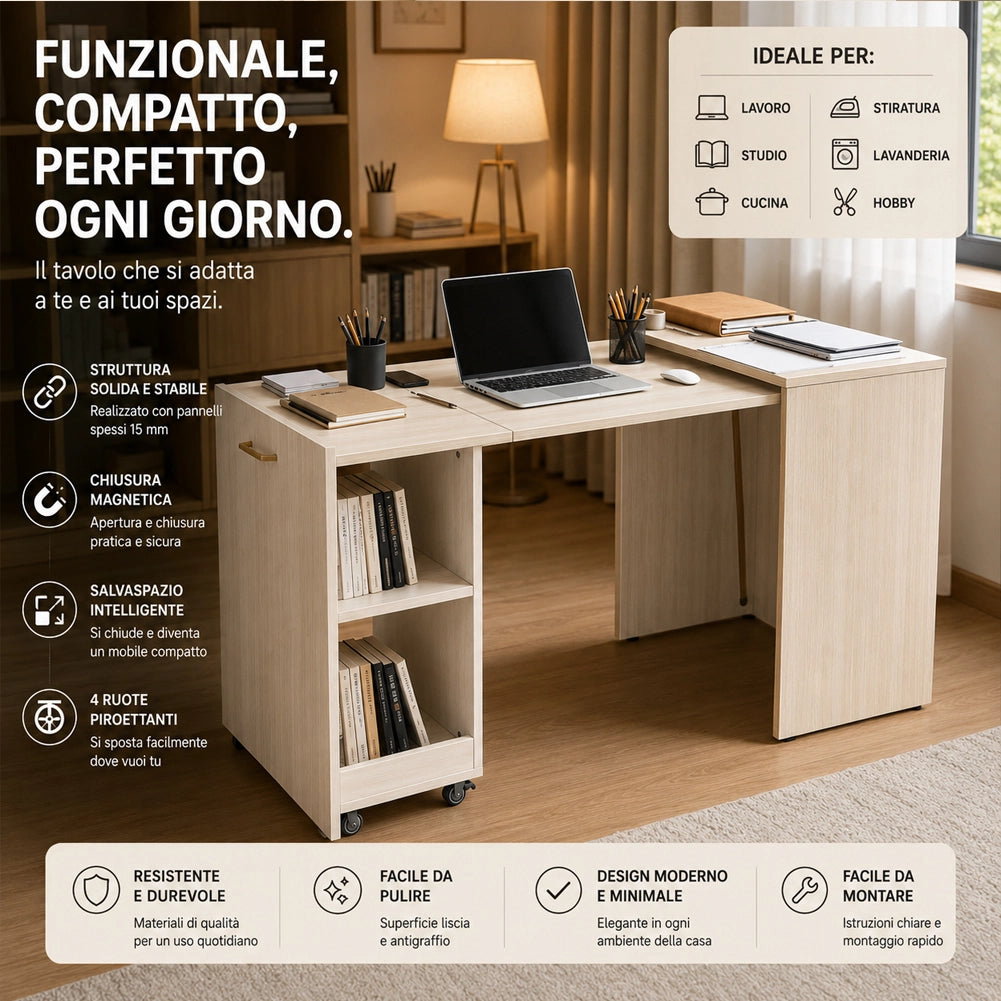Mobile con Tavolo a Scomparsa Olmo Richiudibile Salvaspazio Scrivania Libreria