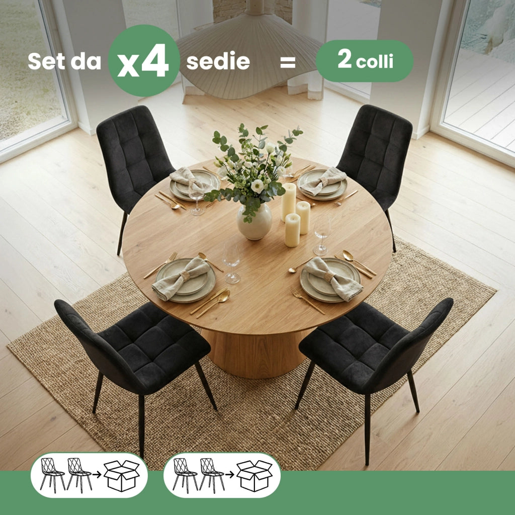 Set di 4 Sedie in velluto trapuntate NERO Nero gambe nere