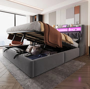 Letto matrimoniale imbottito 180x200 cm in velluto grigio con contenitore; LED e prese