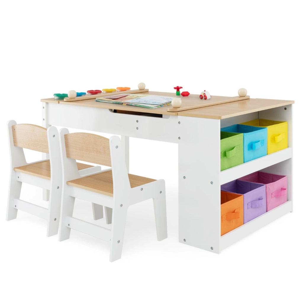 Set tavolo e sedia da disegno per bambini, Tavolo artistico con piano sollevabile 6 contenitori rullo di carta Naturale-Tavoli e sedie