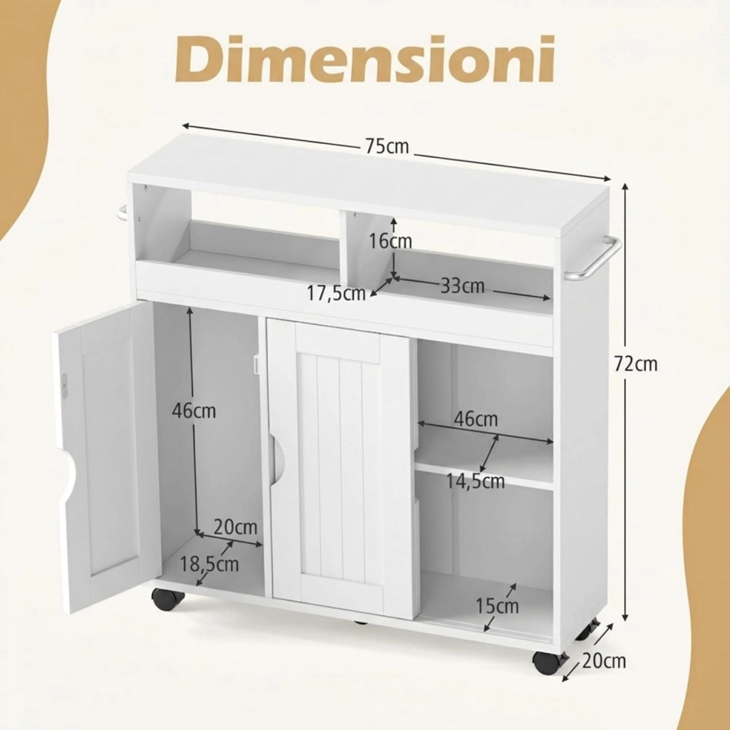 Mobile Bagno con Ruote, Mobiletto Laterale con Ripiano Regolabile, Porta Asciugamani e Ruote, Mobile Indipendente a Terra per Soggiorno, Cucina e Ingresso, 75 x 20 x 72 cm
