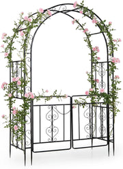 Arco da Giardino con Cancello, Pergolato per Piante Rampicanti | Pergola Decorativa in Metallo con Piedini a Punta e Chiusura, per Rose, Viti e Fiori da Matrimoni e Feste, 135x60x213 cm