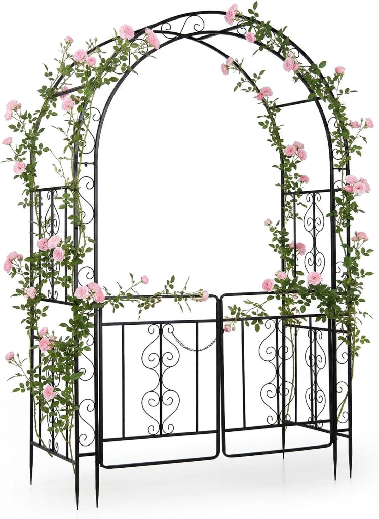 Arco da Giardino con Cancello, Pergolato per Piante Rampicanti | Pergola Decorativa in Metallo con Piedini a Punta e Chiusura, per Rose, Viti e Fiori da Matrimoni e Feste, 135x60x213 cm