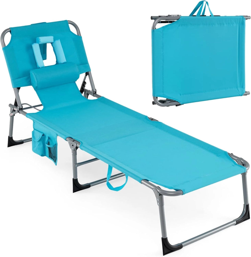 Lettino Prendisole da Spiaggia, Sdraio Mare Pieghevole Portatile con Foro per Viso e Braccia, Cuscino e Tasche Laterali, Schienale Regolabile 4 Posizioni, Portata 150 kg (Grigio)