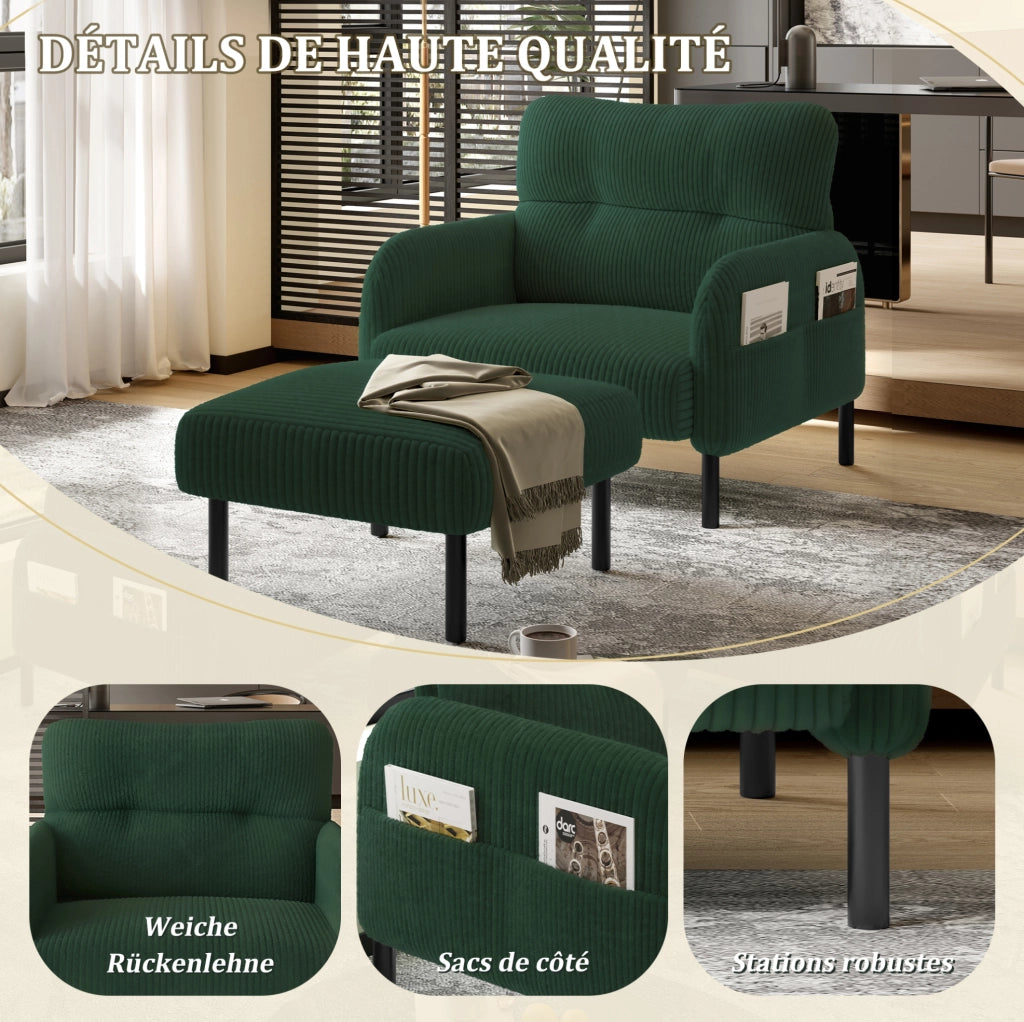 Poltrona singola in corduroy verde smeraldo con tasca laterale; 67 x 75 x 79 cm
