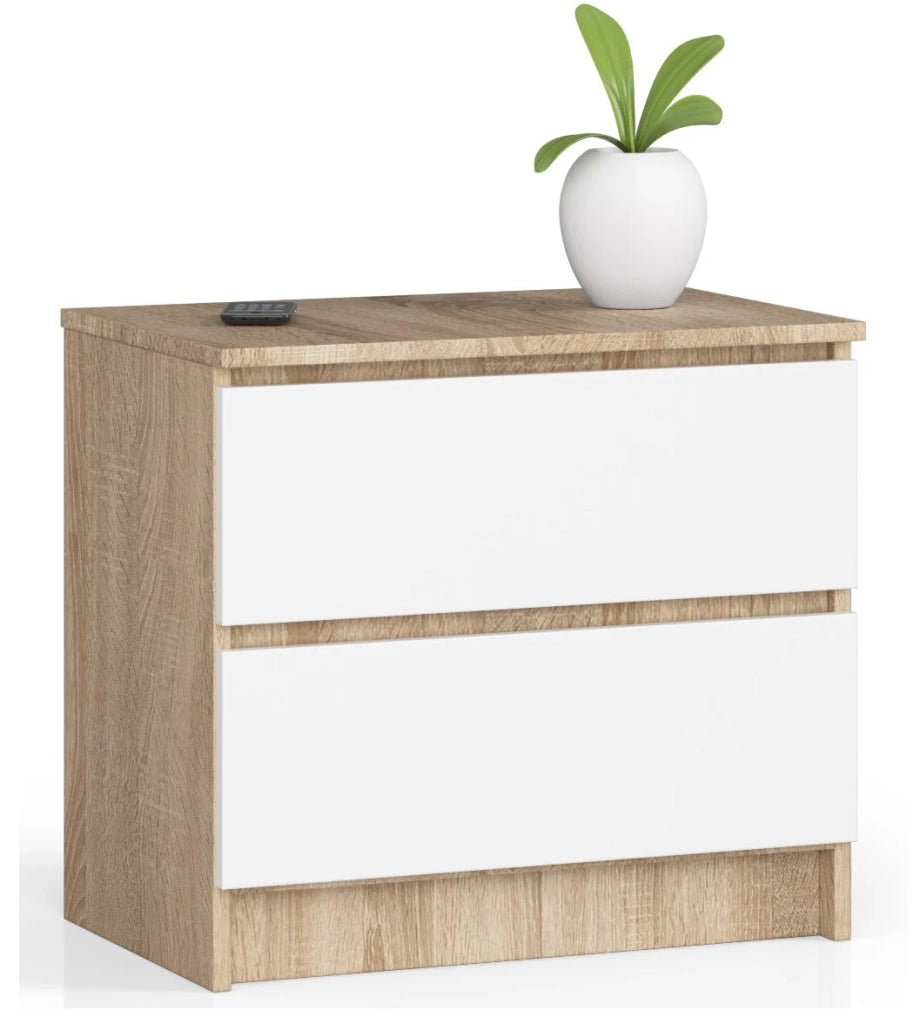 Comodino AKORD K60 Sonoma Quercia 60 cm 2 cassetti inserto frontale Bianco 60x40x55 cm