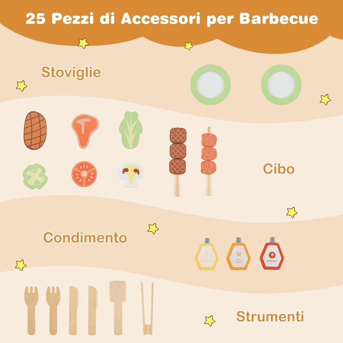 Barbecue Giocattolo per Giardino in Legno di Abete, Griglia Carrello Bambini con Cibo, Set Cucina Giocattolo con 25 Accessori BBQ, 53 x 36 x 63 cm, per Bambini 3+ Anni