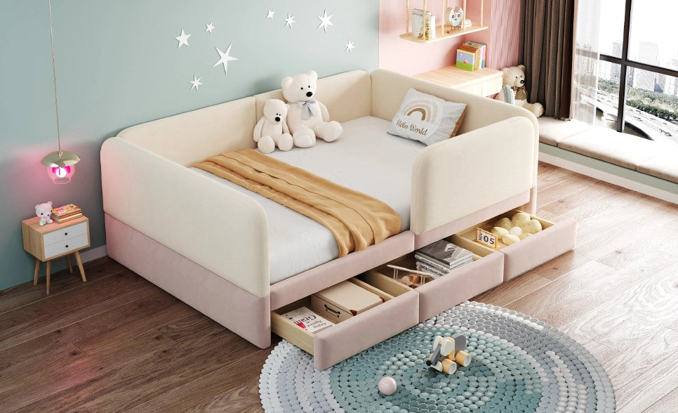 Letto imbottito per bambini 140 x 200 cm beige e rosa con cassetti