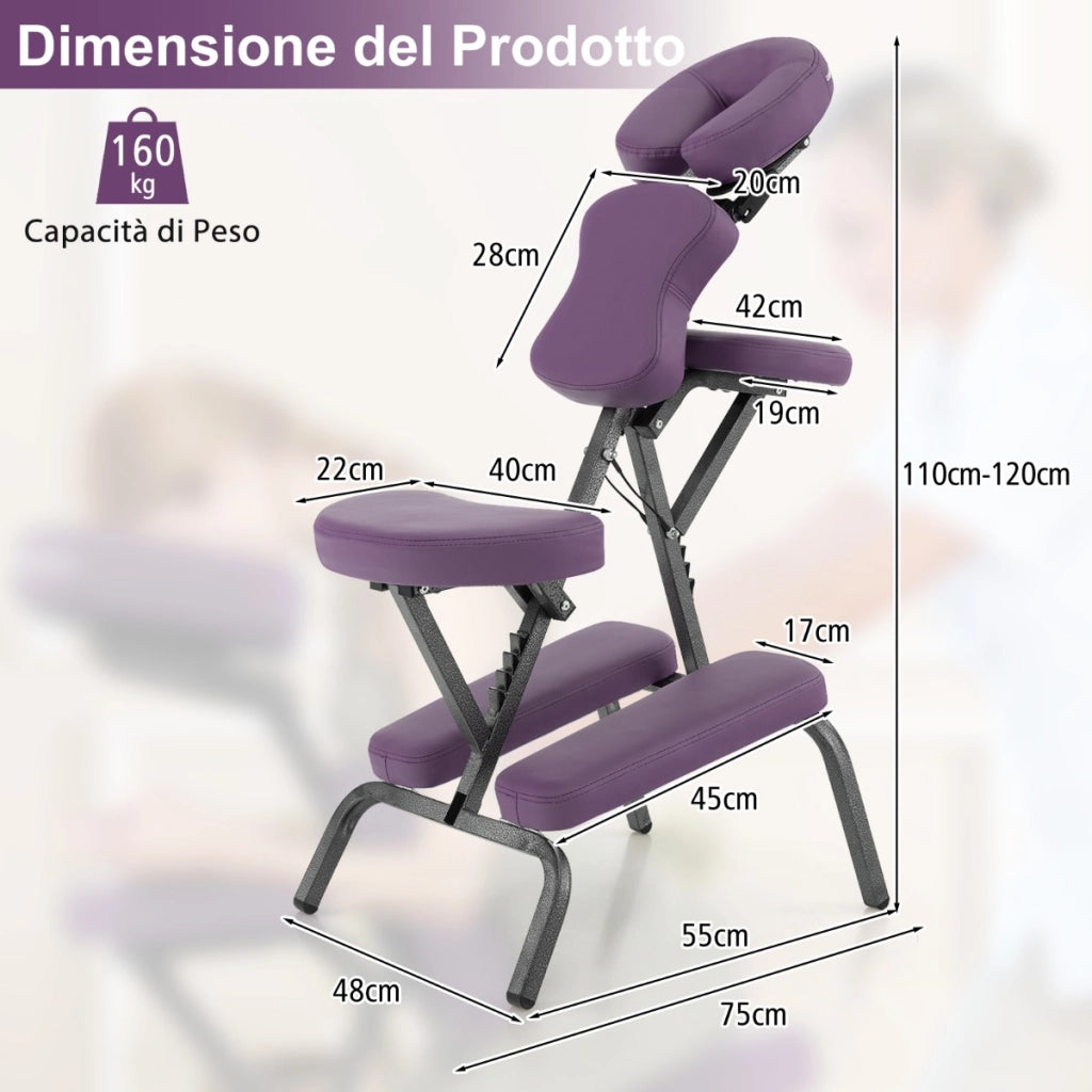 Sedia da massaggio pieghevole e leggera con altezza regolabile e poggiatesta per viaggi tatuaggi e spa 48x75x120cm Viola