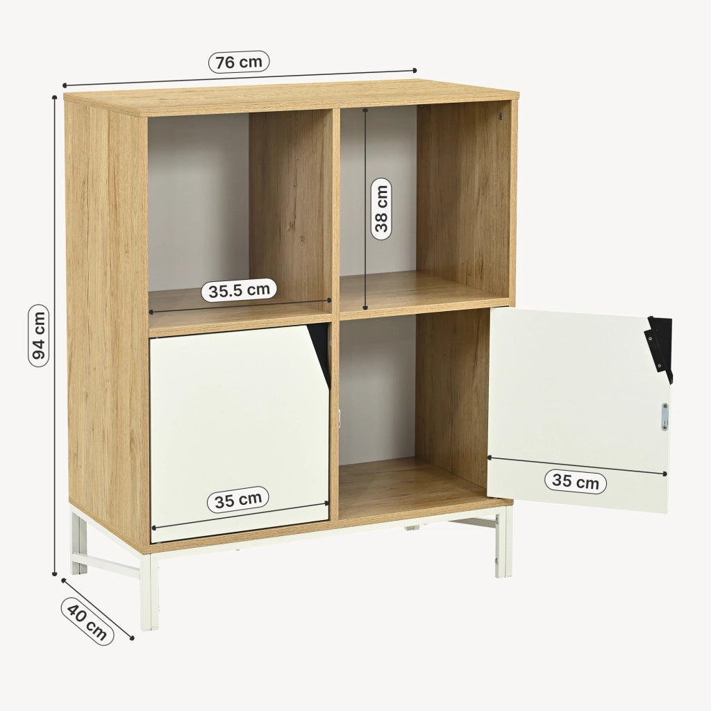Mobile Contenitore Kerrköndam Comò con 2 Ante e 2 Vani Aperti 94 x 76 x 40 cm - Effetto Rovere/Bianco [en.casa]