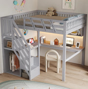 Letto a soppalco 140x200 cm con scrivania; LED; scale contenitore e prese; grigio
