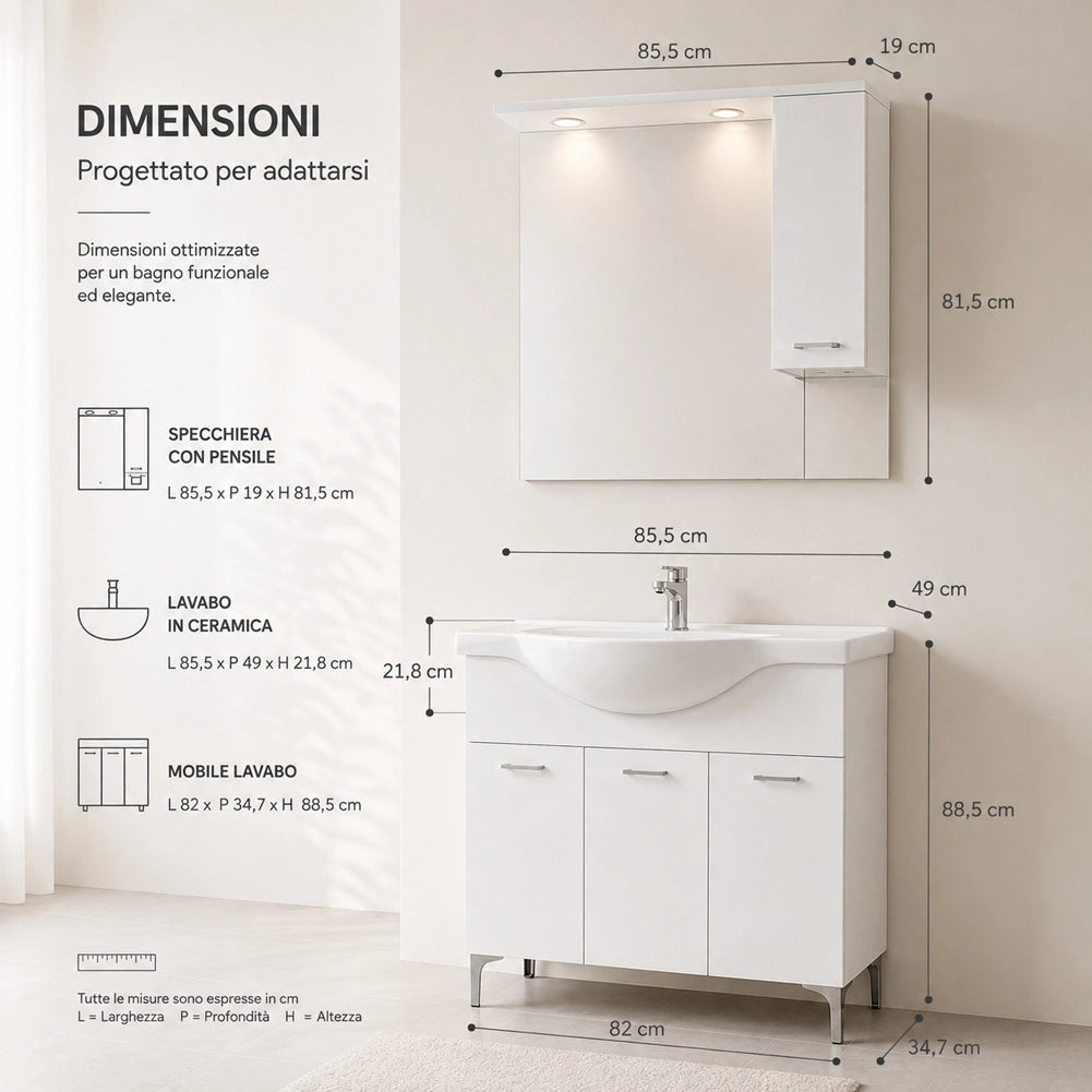 Set Completo Mobile da Bagno da Terra 85 cm Tre Ante Bianco Specchio e Accessori
