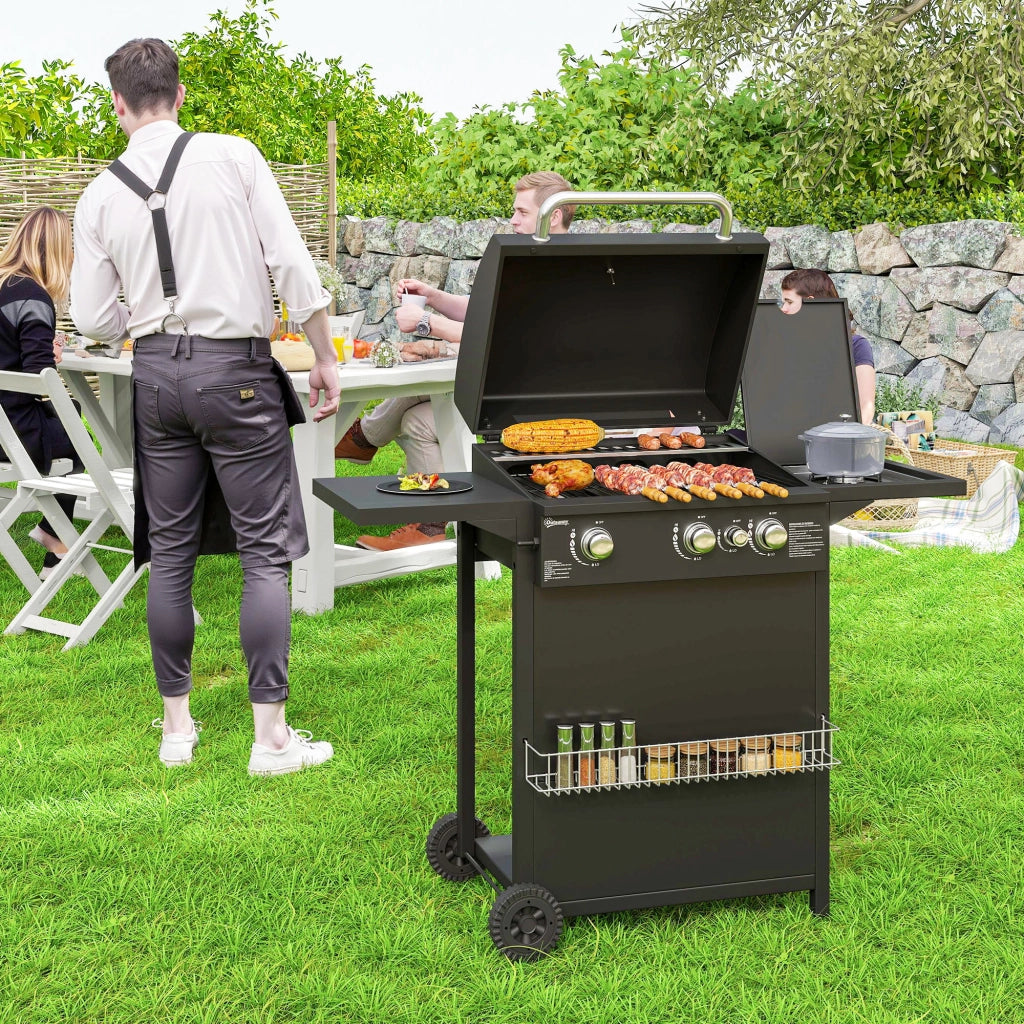 Barbecue a Gas con Bruciatori Indipendenti, Coperchio con Termometro e Tavolino Laterale, Nero
