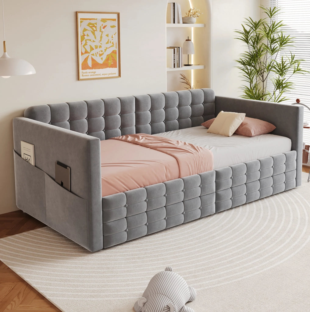 LETTO Imbottito 90x190 cm Grigio in velluto con 2 cassetti e tasche laterali