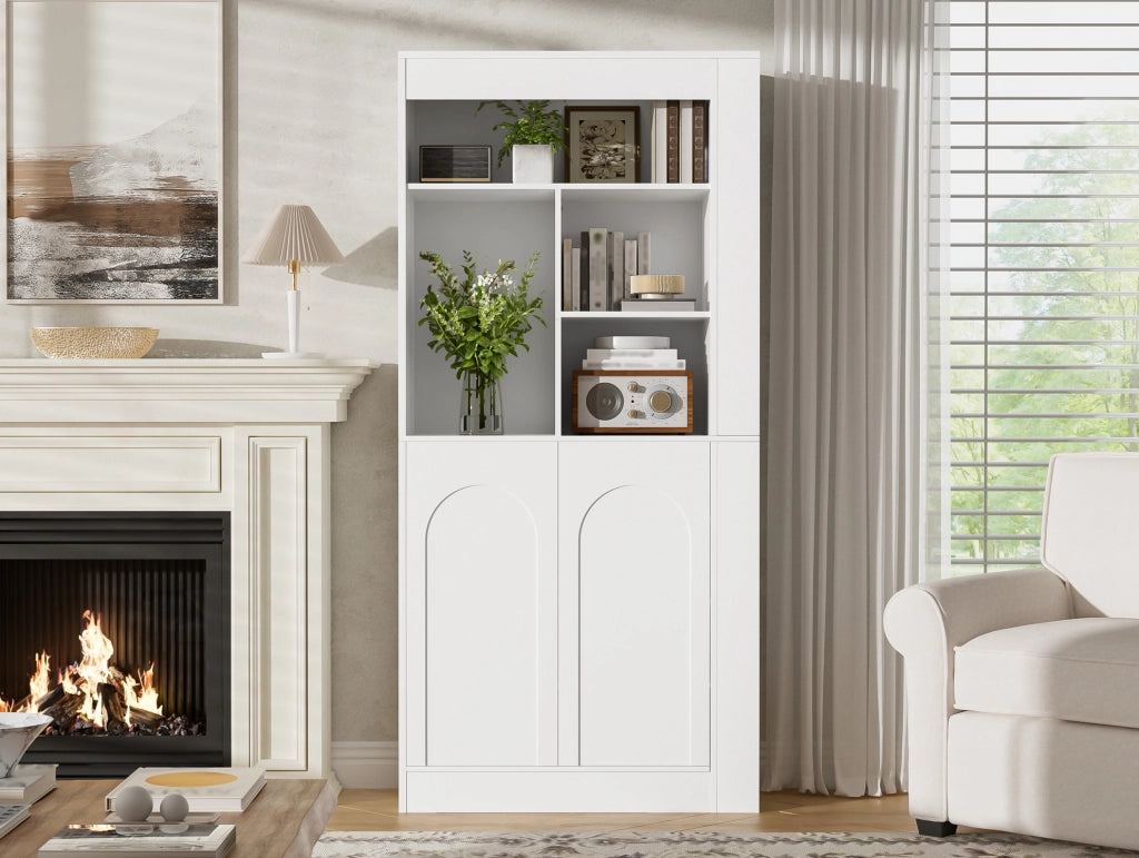 Mobile alto ULEVR 85x35x180 cm con 2 ante, ripiani aperti e ripiani laterali, bianco