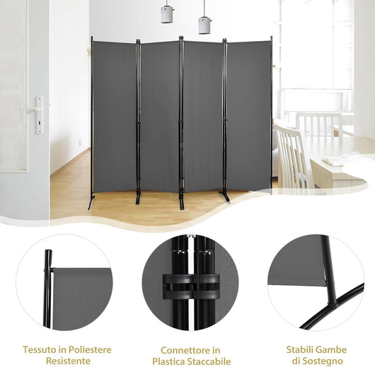 Paravento da Interno in Metallo, Separé Divisorio Interno Pieghevole con Piedini Stabili, Pannelli Divisori per Interni per Casa e Ufficio (Grigio, 220 x 173 cm (4 Pannelli))