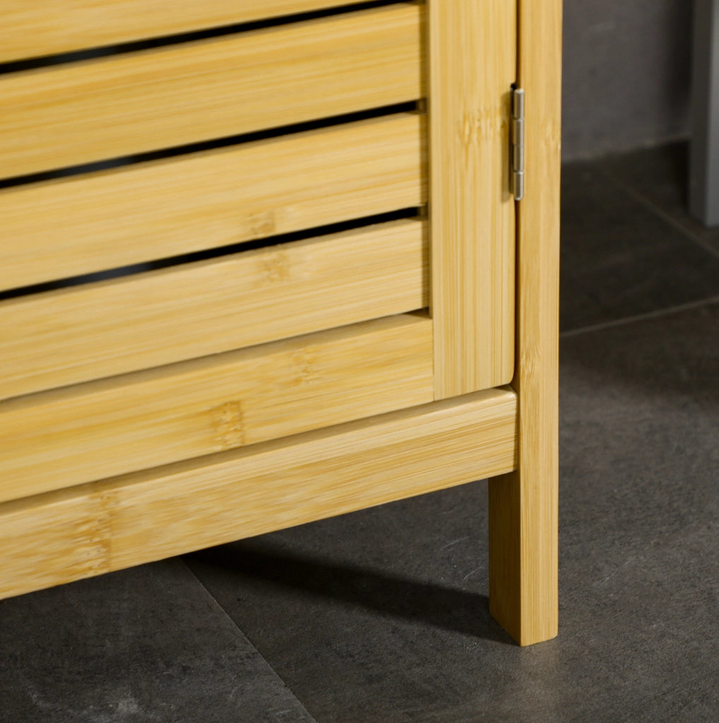 Mobiletto da bagno in bambù 34x30x173 cm con 3 ripiani aperti e 1 anta, stabile e salvaspazio