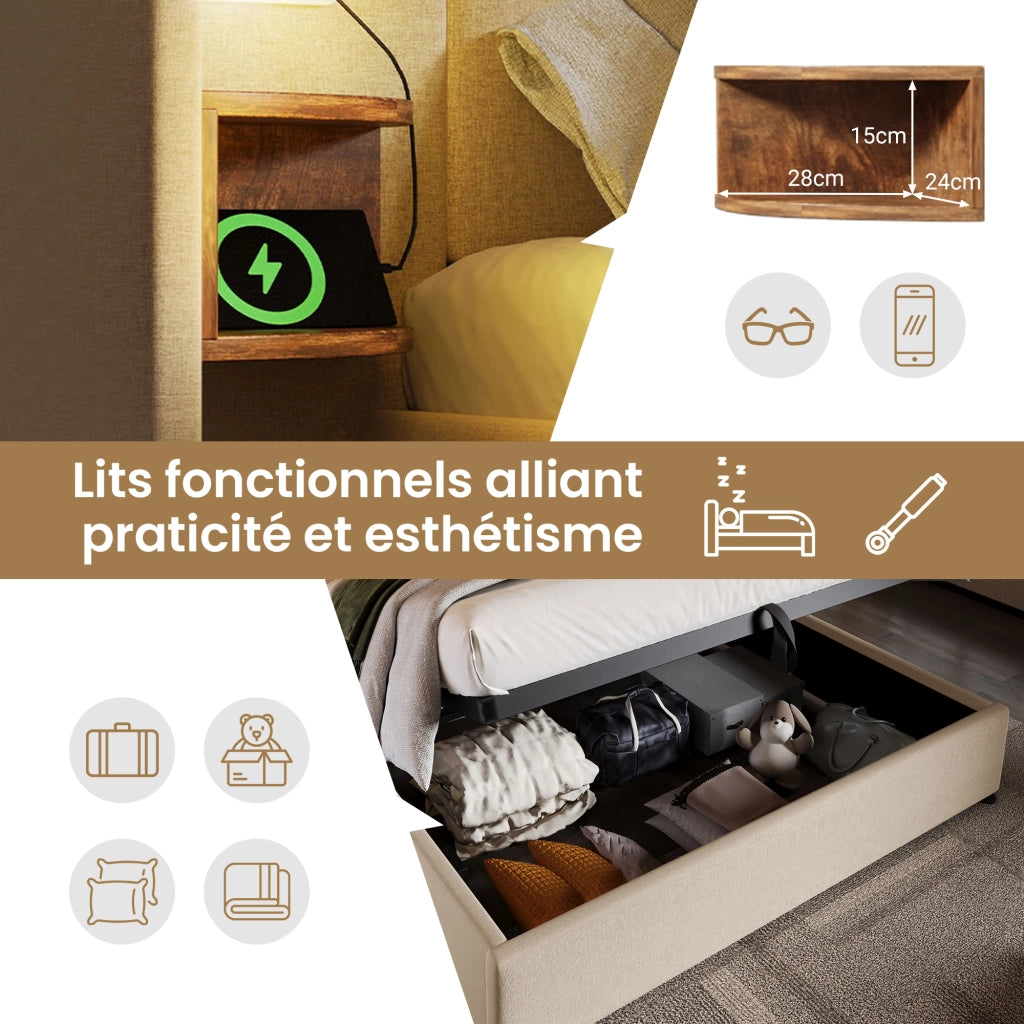 Letto Contenitore Matrimoniale; USB-C; Lampada da Lettura e Ripiani; 180 × 200 cm; senza Materasso