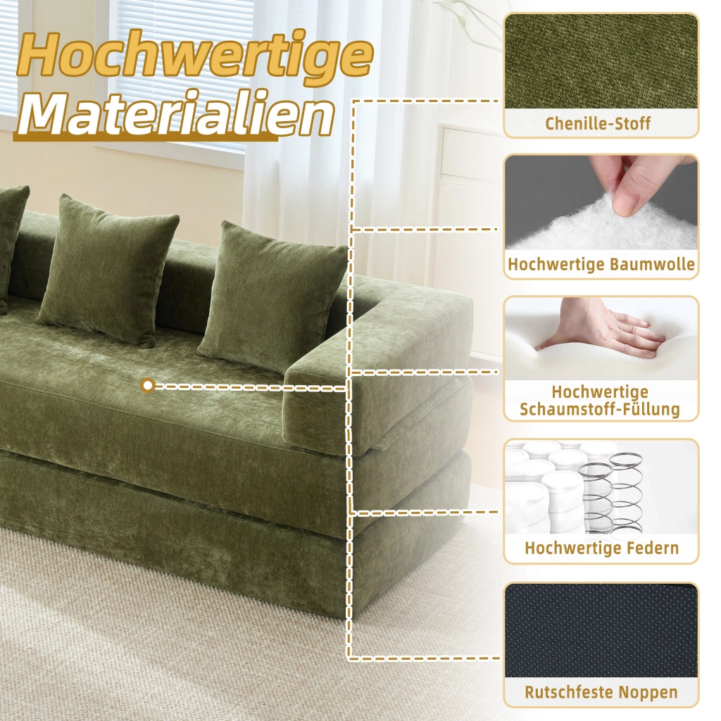 Divano modulare in ciniglia verde con tasche laterali e base antiscivolo 198 × 79 × 60 cm