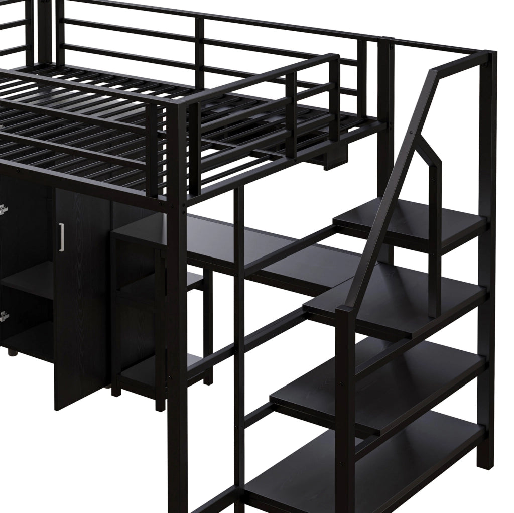 Letto a soppalco 140x200 cm nero con scrivania, armadio, mensole e scala contenitore