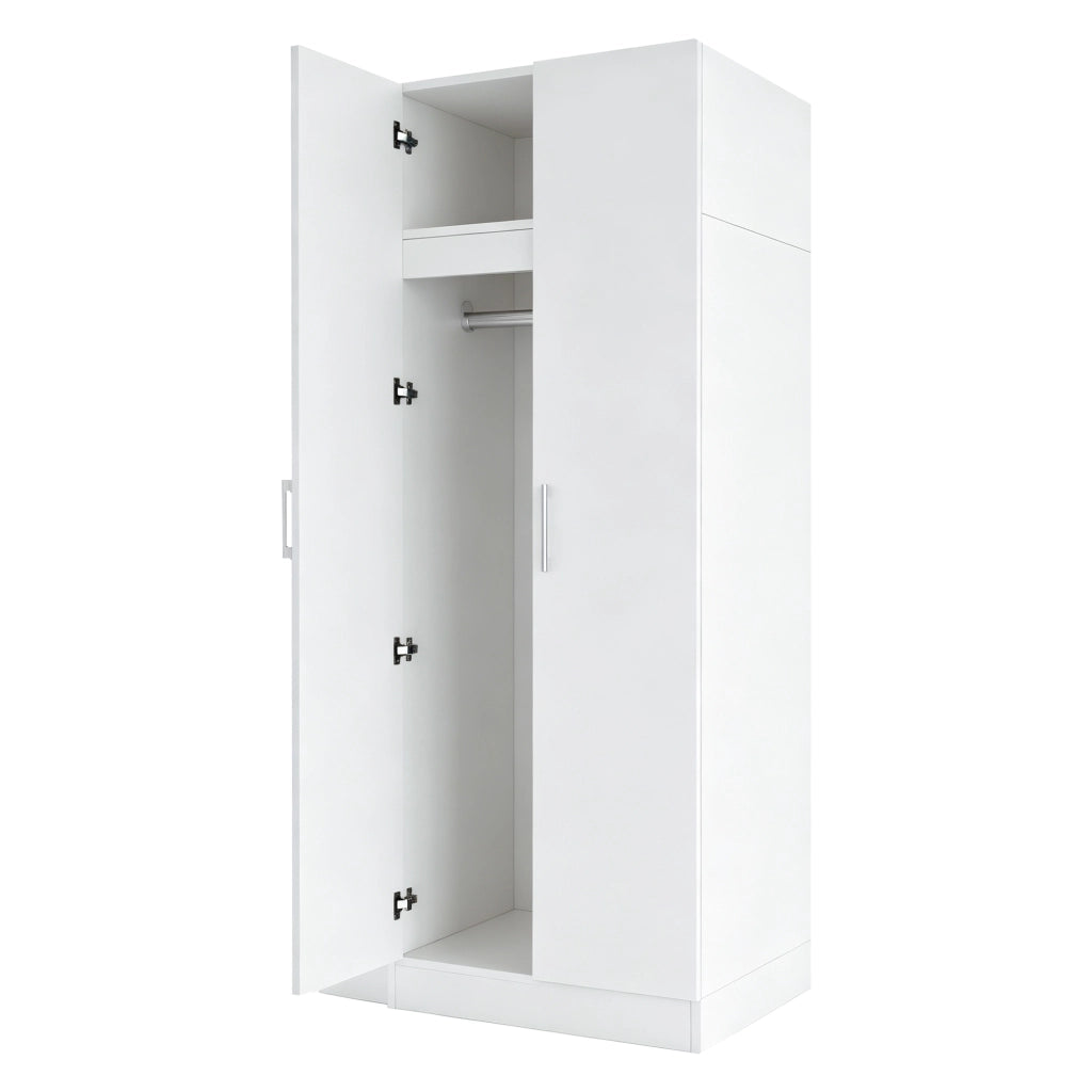 Armadio con 2 ante, ripiani e cassetti per camera da letto o ufficio, in MDF e metallo, bianco, 90×55×170 cm