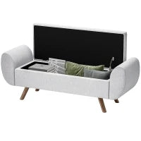 Panca Contenitore Fondo Letto con Braccioli in Tessuto, Gambe in Legno e Vano da 53.8L, 132x42x50 cm, Grigio