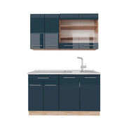 Cucina singola Fame-Line Blu scuro lucido/Rovere dorato 140 cm, PL Marmo Vicco