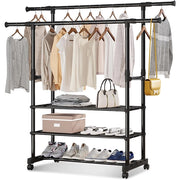 Trade Shop - Appendiabiti Da Terra Stand Con Ruote 3 Scomparti Portaoggetti Doppio Bastone A Scomparsa -