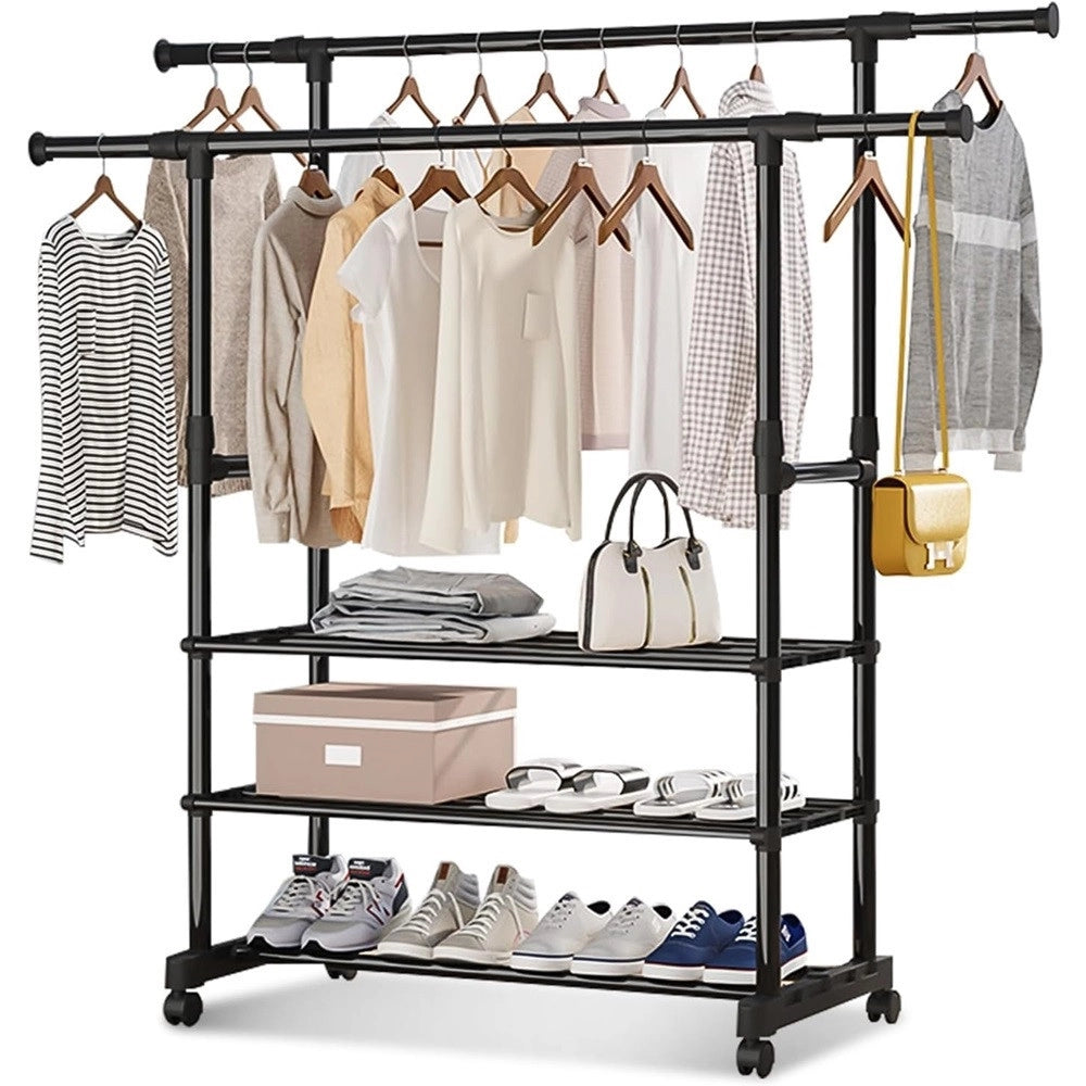 Trade Shop - Appendiabiti Da Terra Stand Con Ruote 3 Scomparti Portaoggetti Doppio Bastone A Scomparsa -