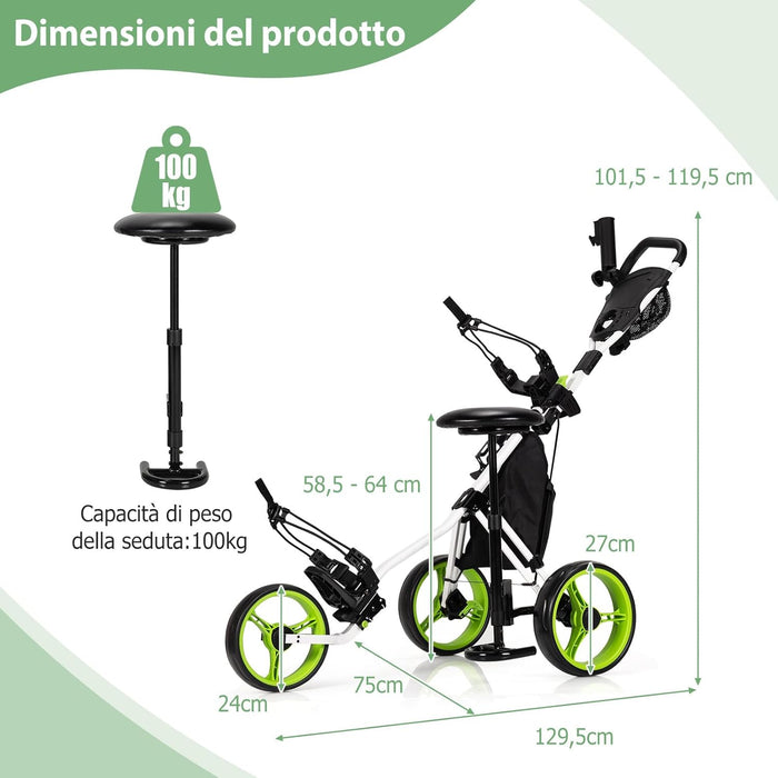 Carrello da Golf Pieghevole con 3 Ruote, Trolley da Golf Altezza Regolabile di Alluminio con Sedile, Porta Ombrello e Porta Bevande