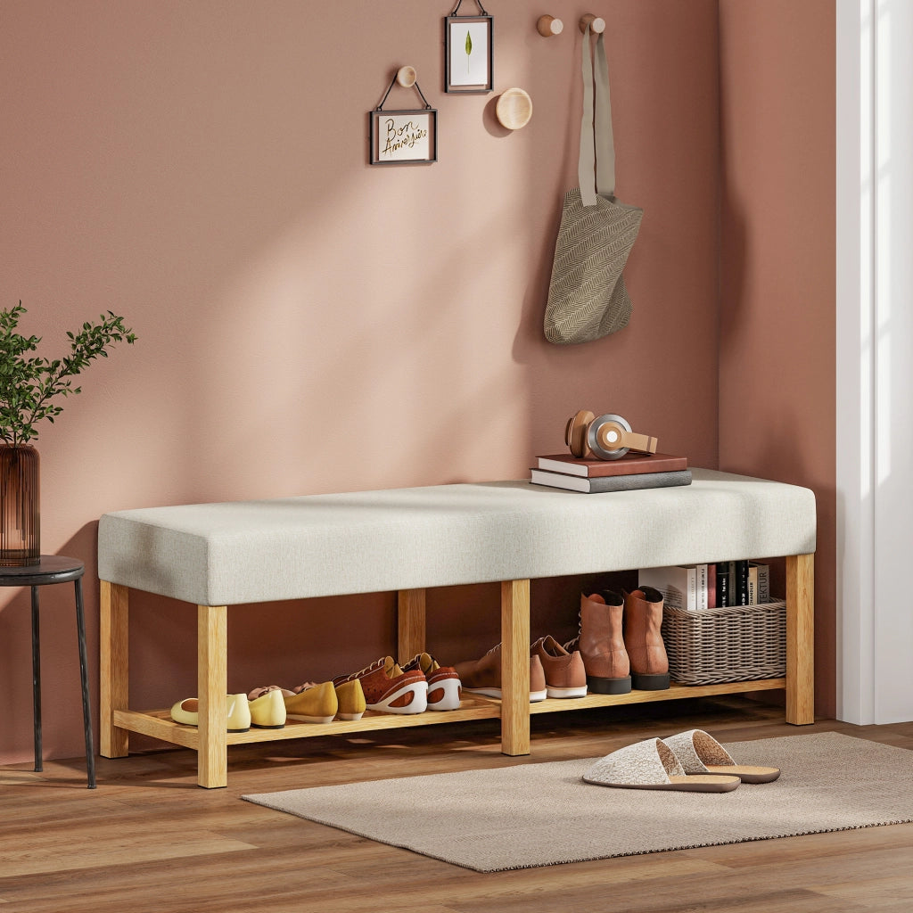 Panca Ingresso Legno Massello con Seduta Imbottita ¨C zephmum ¨C Naturale e Bianco Crema 140 cm